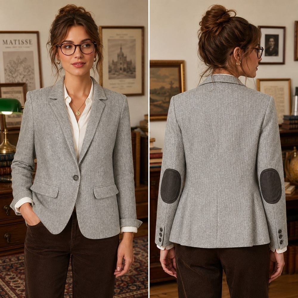 Loft Herringbone Elbow Patch Knit Blazer Sz 10 Gray Cotton Academia Old Money